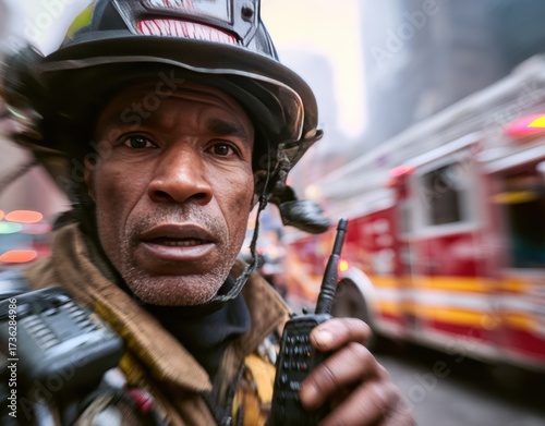 A determined firefighter stands ready in the bustling streets of New York City, holding a walkie-talkie and wearing a helmet, as a fire truck blurs in the background, showcasing urban heroism.