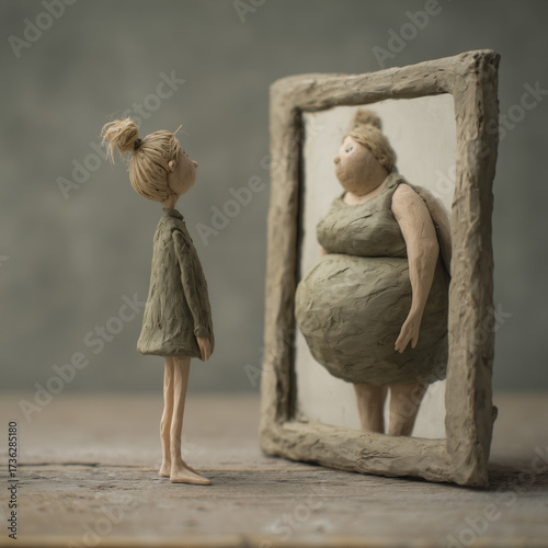 3D plasticine style artwork of a thin girl standing in front of a mirror, seeing herself as overweight, symbolic concept of anorexia, body image distortion, eating disorder awareness, emotional tone.