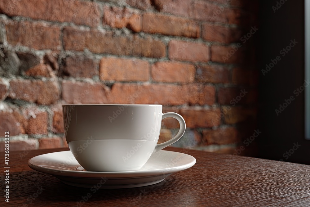 Obraz premium Coffee cup on a saucer, against a brick wall, on a dark wood table