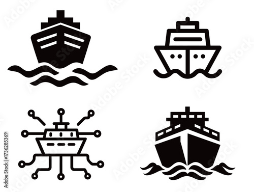 Four unique ship icons showcase different maritime themes, featuring traditional ships and a conceptual ship design. These symbols highlight nautical activities.