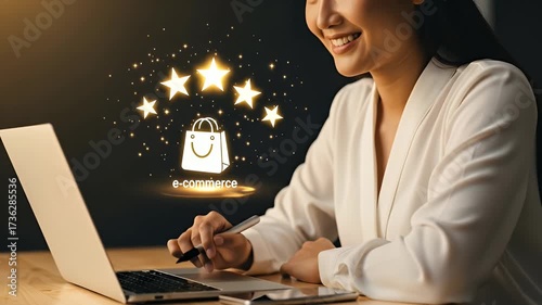 Asian woman with holographic shopping rating, e commerce and customer satisfaction concept