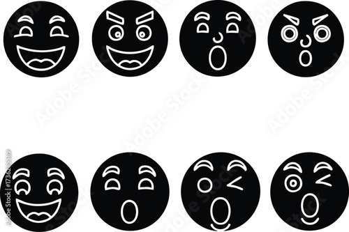 A collection of eight black circular icons, each featuring a stylized white outline of a face expressing a different emotion, including joy, surprise, anger, and amusement.