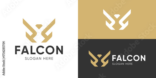 Creative simple falcon logo template. Falcon icon, hawk logo, eagle with letter F initial logo design vector illustration.