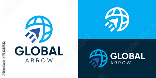 Creative simple global arrow logo template. Globe with arrow up for Global business logo design vector illustration.
