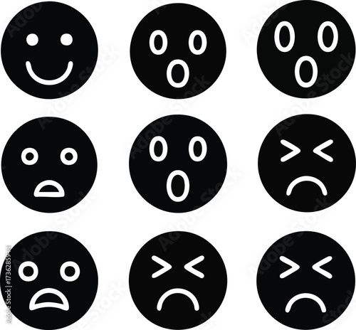A grid of nine black circular icons displaying various facial expressions of emotions, including happy, surprised, sad, and confused.
