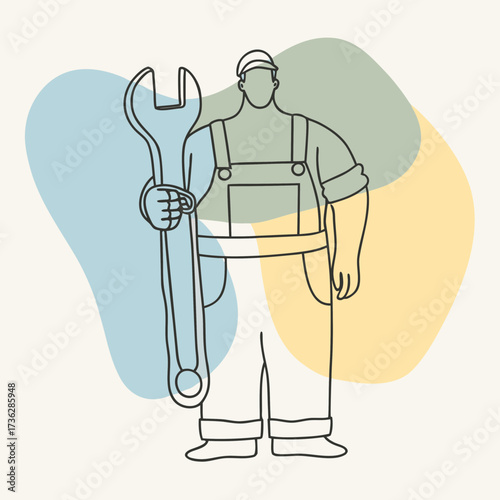Minimalist illustration in light pastel colors: a man in overalls confidently holds a large adjustable wrench. The wizard solves all the problems!