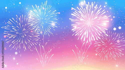 Vibrant illustration of colorful fireworks bursting in the night sky with blue and pink gradient background, symbolizing celebration, joy, festivals, parties, and special events.