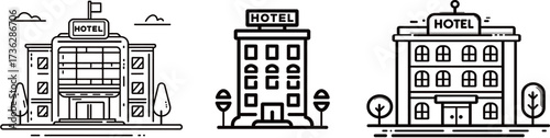 Three simple line art styles of hotel buildings are displayed side by side, showcasing unique architectural features and signage. Each has trees nearby for decoration.