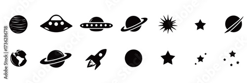 A collection of black icons featuring planets, rockets, spaceships, and stars, showcasing a cosmic theme. The designs are simple and visually striking.