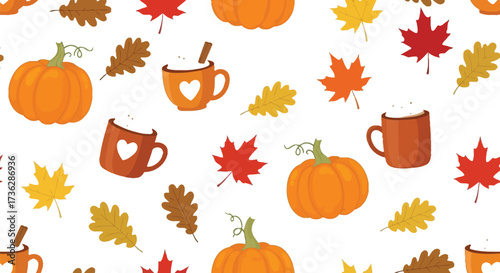 Seamless autumn pattern with pumpkins leaves and mugs of hot chocolate drink