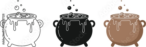 Three cauldrons with bubbling potion for halloween in line art black and brown