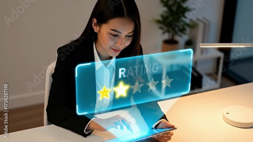 Asian woman with holographic shopping rating, e commerce and customer satisfaction concept