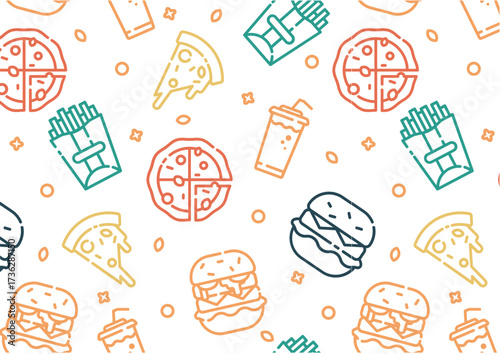 pictures of pizza, burgers, colorful french fries