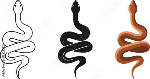 Three stylized snake illustrations in black outline solid black and brown color