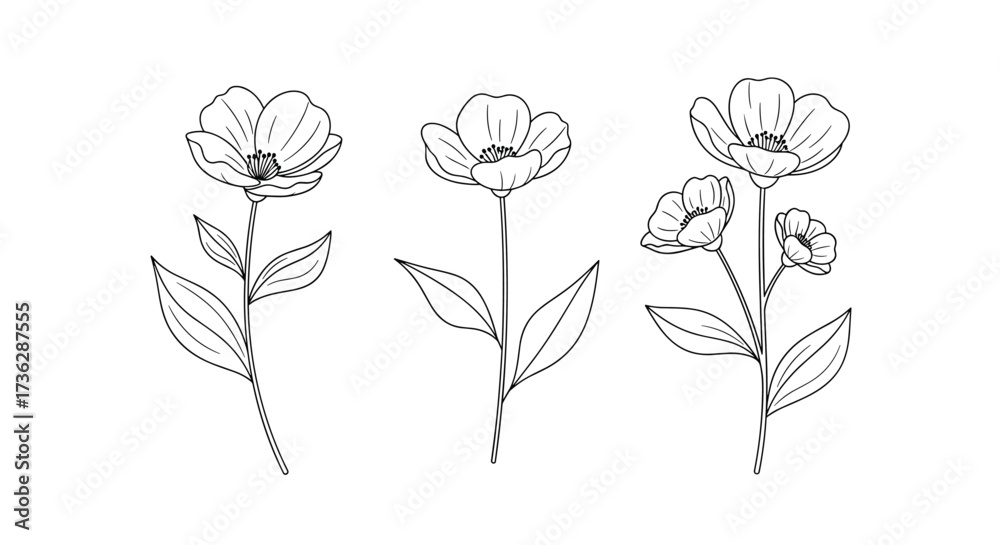 Obraz premium A simple drawing of three delicate flowers with dotted outlines.