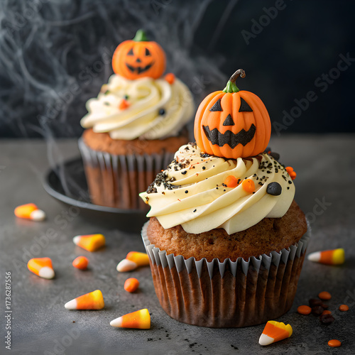 Two halloween cupcakes with pumpkin toppers and candy corn scattered on a gray surface backdrop