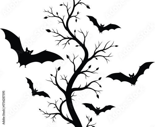 Spooky halloween night scene with bats flying around a bare tree silhouette art