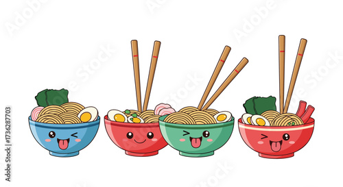 Four bowls of kawaii ramen noodles with chopsticks in them.