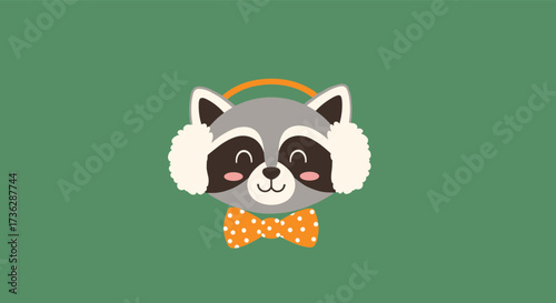 A cute raccoon wearing earmuffs and a bow tie is depicted in this illustration.