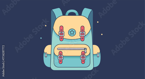 A cute blue and yellow backpack with straps and buckles.