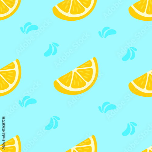 A seamless pattern of bright yellow lemon slices and blue water splashes on a light blue background.