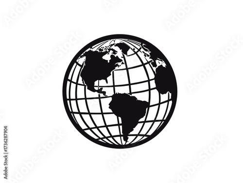 A black outline of the Earth displays all continents and oceans precisely. This minimalist style highlights geographical elements clearly, creating a universal symbol.
