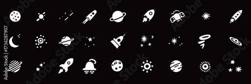 Various space-themed icons showcase rockets, planets, stars, and moons against a black background. The simple designs exhibit a whimsical take on space exploration.