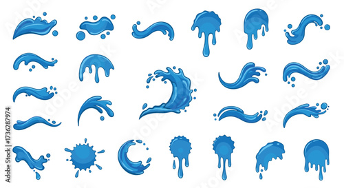 A collection of dynamic blue water splashes and waves.
