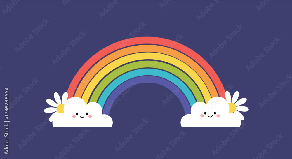 Fototapeta premium A cute and colorful rainbow with smiling clouds and flowers.