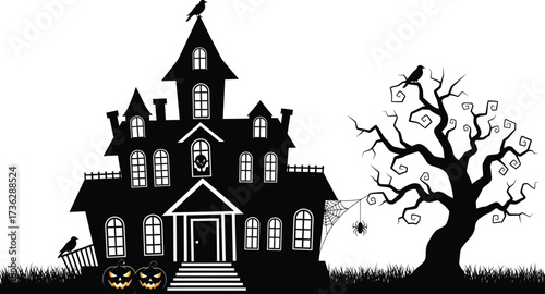 Spooky haunted house silhouette with pumpkins and crows for halloween night scene