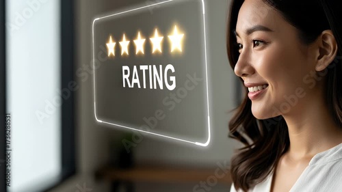 Asian woman with holographic shopping rating, e commerce and customer satisfaction concept