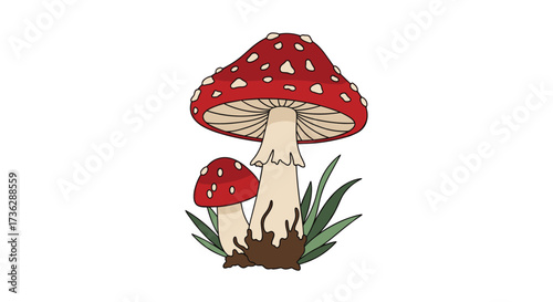 Cute cartoon mushrooms growing in the forest floor.