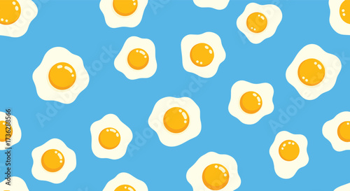 A cheerful pattern of fried eggs on a bright blue background.