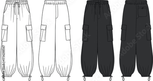 CAD flat sketch, cargo jogger pants vector, fashion clothing template, utility trousers front and back, black and white illustration