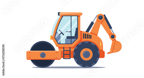 A compact orange steamroller is a construction machine used for paving roads.