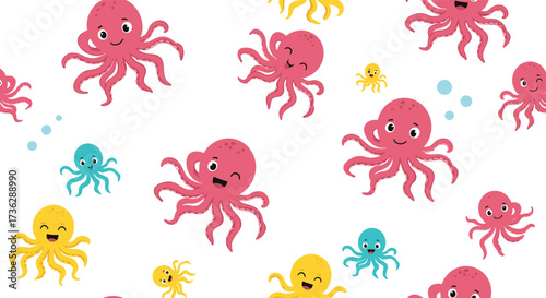 A playful pattern of cartoon octopuses waving their tentacles.