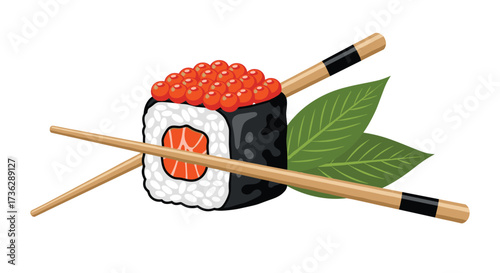 A close up of a delicious salmon sushi roll with ikura and chopsticks