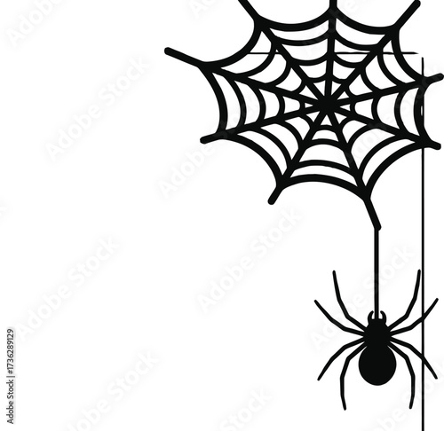 Black spider and web decoration hanging on a white door for halloween holiday