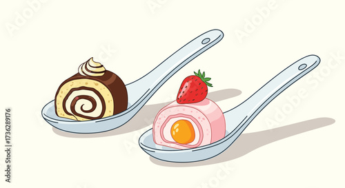 Two delicious swiss rolls served on porcelain spoons.