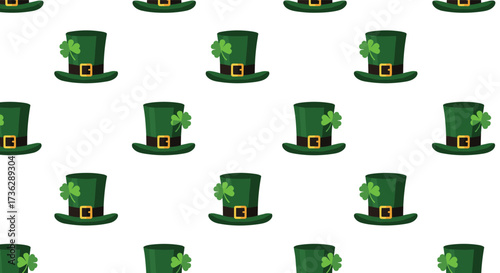 A pattern of green leprechaun hats decorated with shamrocks.