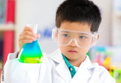 Young child in scientist costume intently examines a bubbling beaker filled with a vibrant, non-toxic potion, showcasing intense concentration and oversized glasses.