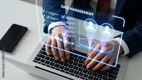 Modern business data analytics with hologram dashboard