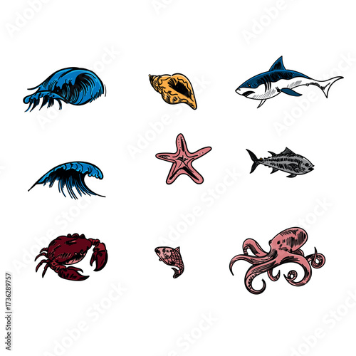 Ocean Creatures Collection A Hand-Drawn Assortment of Marine Life in Sketchy Illustrations
