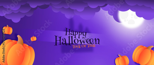 Halloween night background with glowing full moon, pumpkins, and spooky purple clouds, perfect for festive party invitations, banners, and seasonal promotions