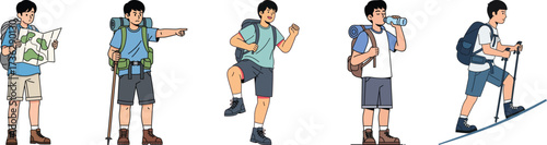 Collection of a young male hiker character in various poses like navigating, pointing, and trekking