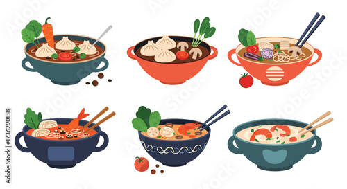 A collection of delicious and colorful Asian noodle soups served in bowls with chopsticks.