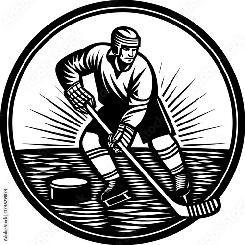 Stylized black and white drawing of a hockey player in full gear leading the puck with a stick inside a circle. Master of ice and pucks.