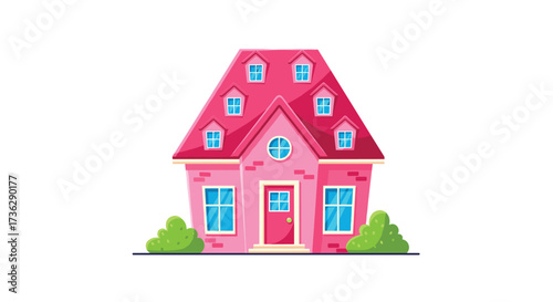 A charming pink cartoon house with dormer windows and lush green bushes.