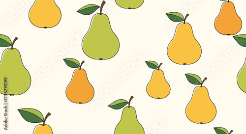 A delightful pattern of ripe yellow and green pears with leaves.