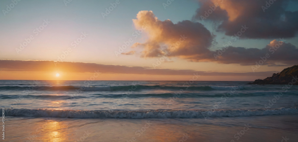 Naklejka premium There is a surfer riding the waves on beach at sunset depth backgrounds style scene design figure emotion motion layers composition elements colorful gesture movement expression frame